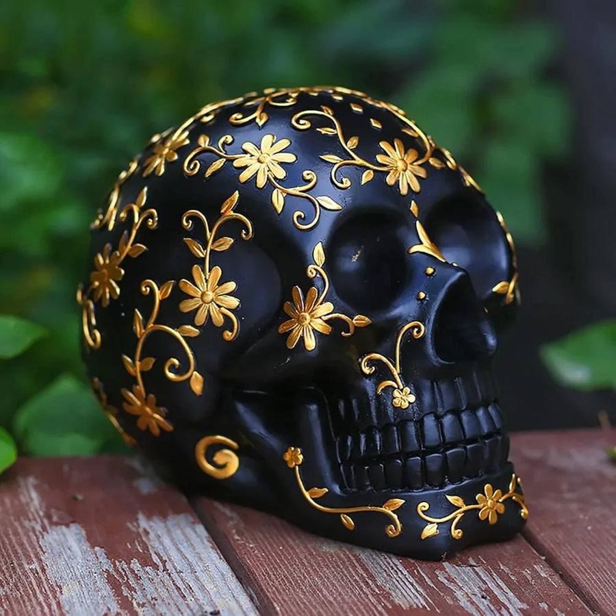 Halloween Skull Decoration with Gold Floral Design - Elegant Spooky Indoor & Outdoor Halloween Décor