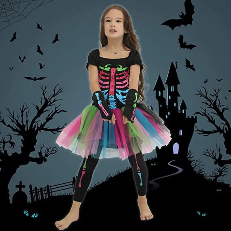 Halloween Rainbow Skeleton Girl Dress Colorful Skull Boy Costume Toddler Funky Punky Bone Cosplay Outfit Carnival Fancy Clothing