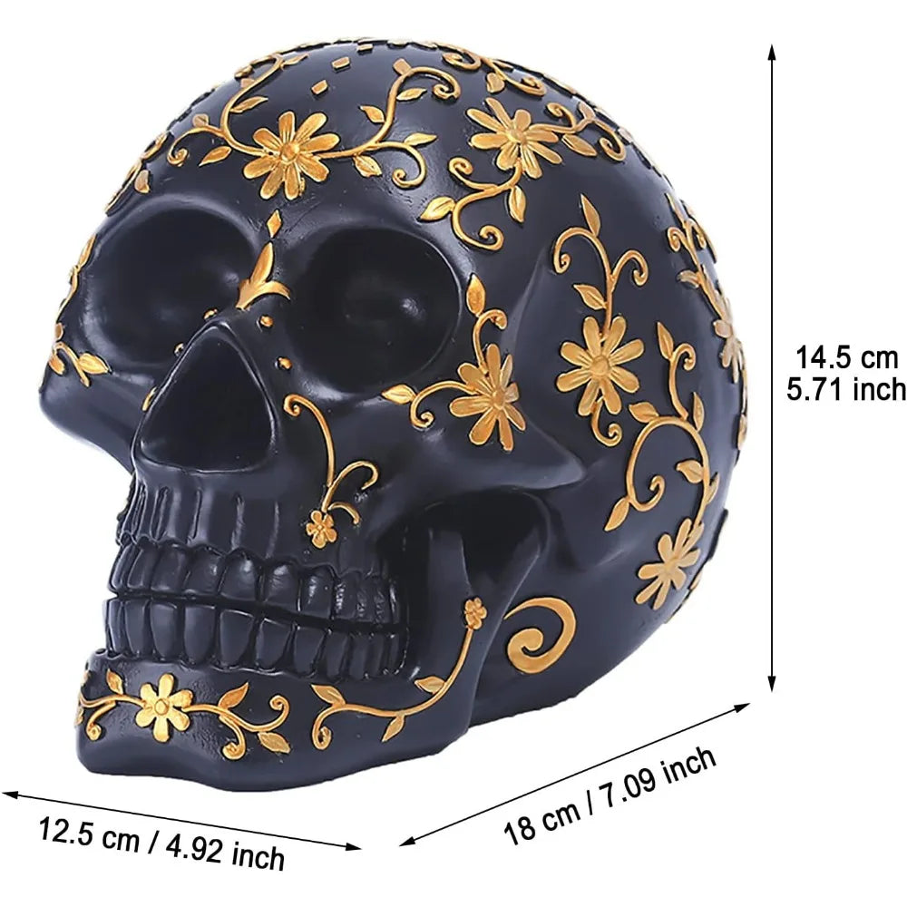 Halloween Skull Decoration with Gold Floral Design - Elegant Spooky Indoor & Outdoor Halloween Décor