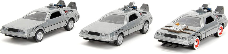 Three model cars resembling a famous vehicle from a science fiction movie, displayed side by side.