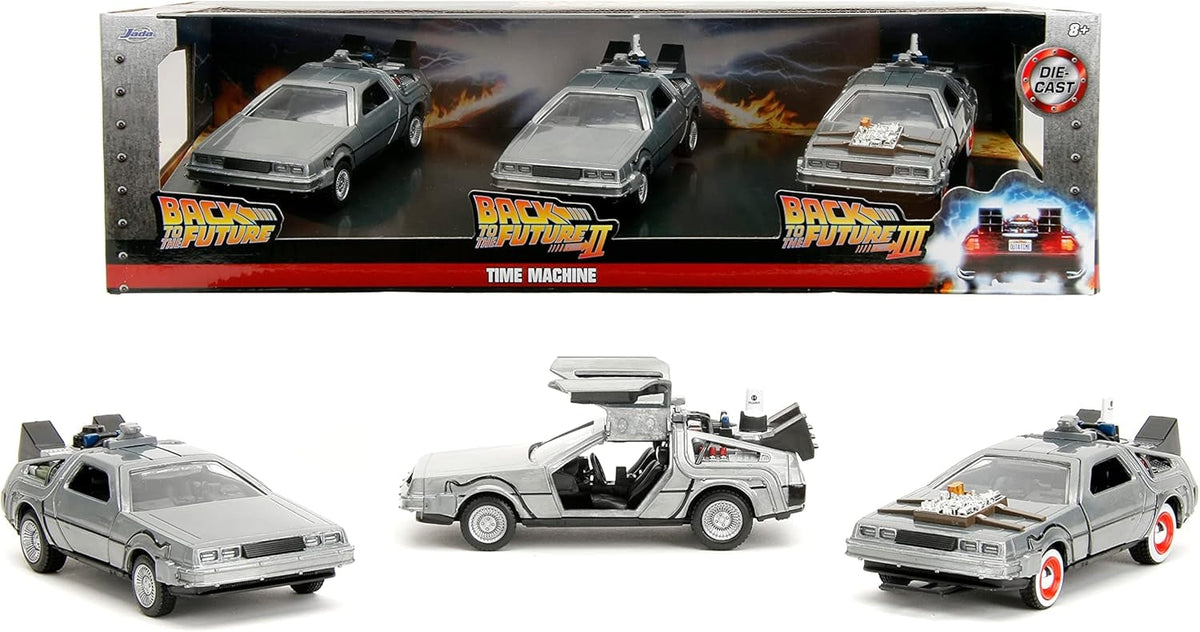 Back to the Future toy set with DeLorean time machine models in front of packaging