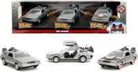 Back to the Future toy set with DeLorean time machine models in front of packaging