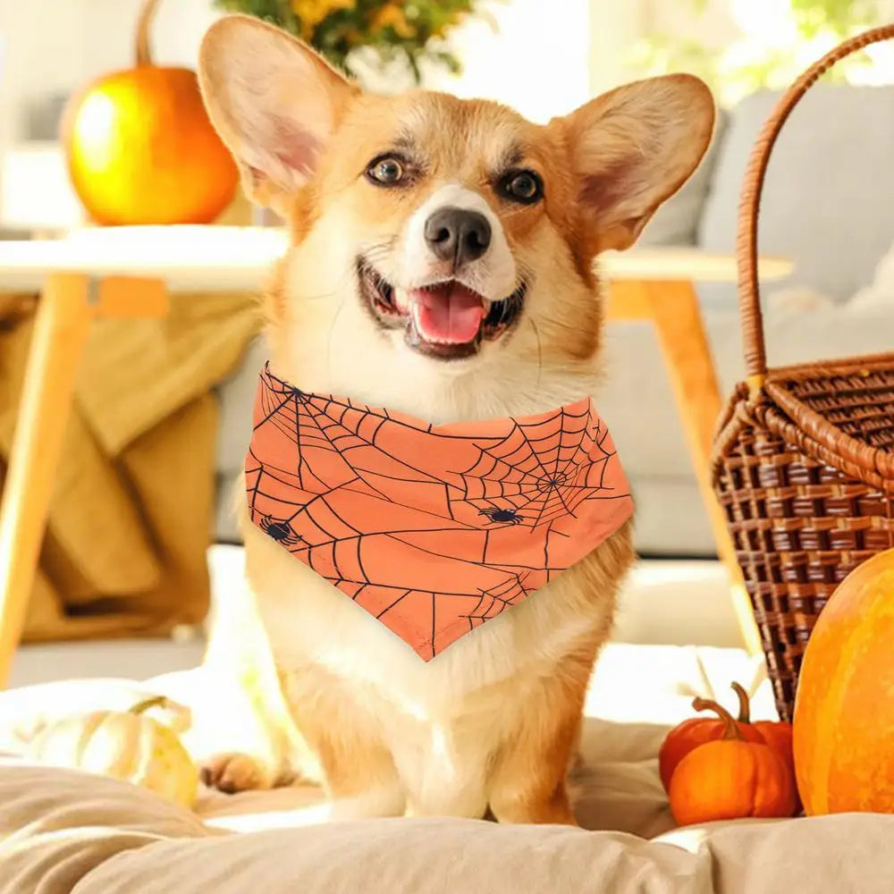 Halloween Spider Dog Scarf Pet Costume Saliva Towel Adjustable Pumpkin Dog Scarf Triangle Pet Scarf Skull Washable For Boy Girl