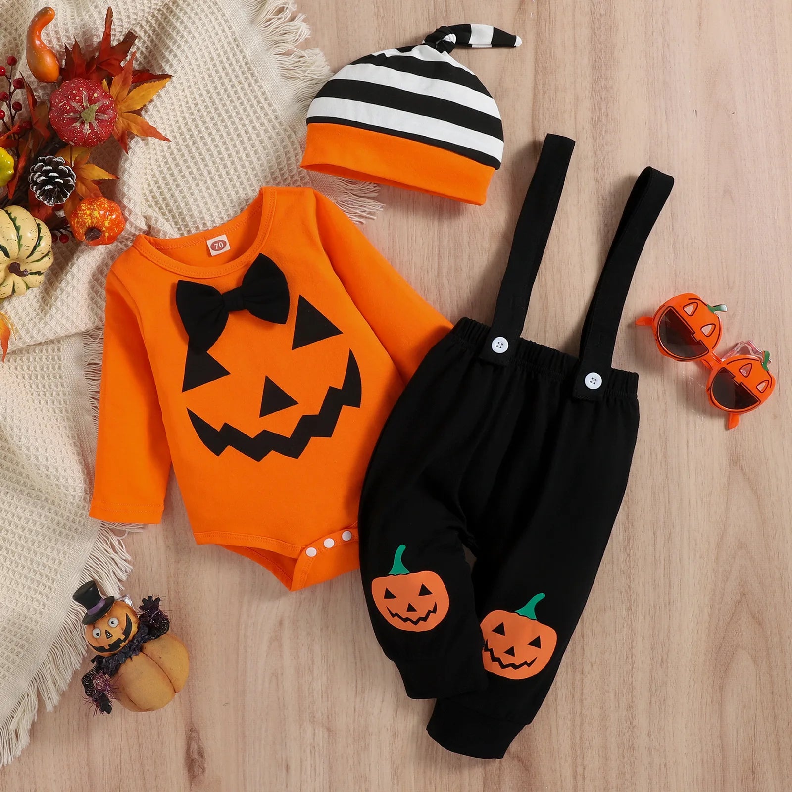 Qunq 2023 Autumn Boys Girls Halloween Costume Print Romper + Suspender Pants And Cap 3 Pieces Set Causual Kids Clothes Age 1T-3T