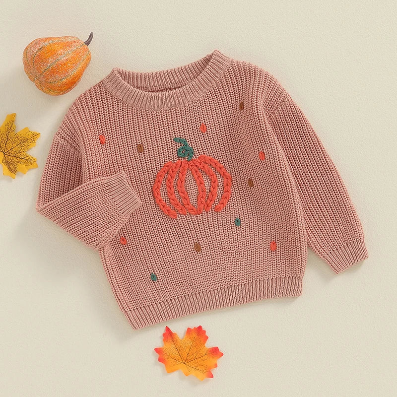 Lioraitiin Toddler Boy Girl Halloween Sweater Pumpkin Pattern Long Sleeve Round Neck Chunky Knitwear Pullover