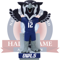 Mascot figure of a bird in a blue uniform with number 12, Rice Owls logo, and text on a white background.