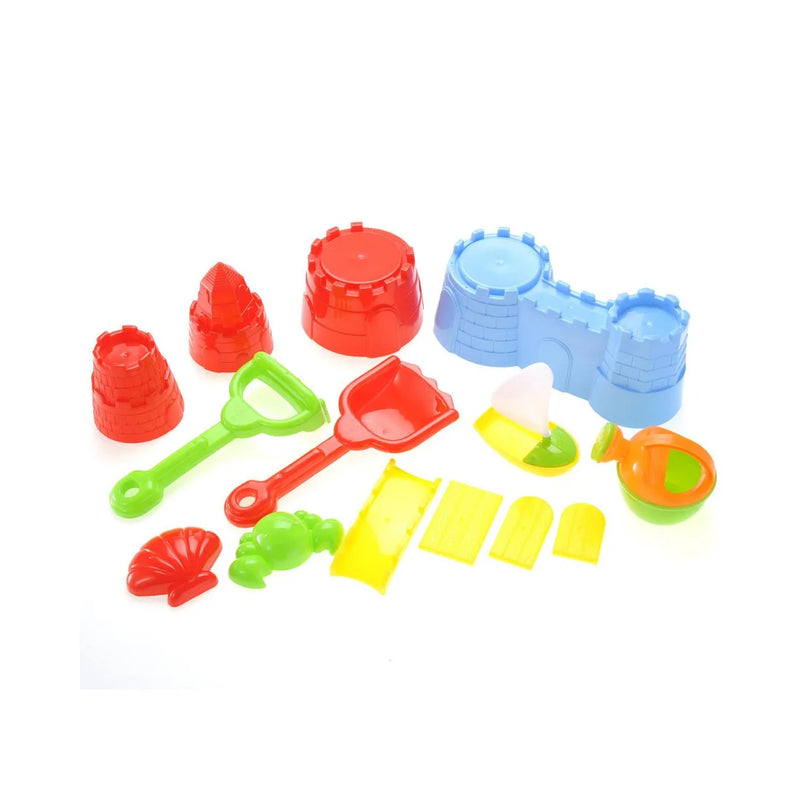 Colorful sandcastle molds and tools included with the Multiplay Table 2-in-1 set