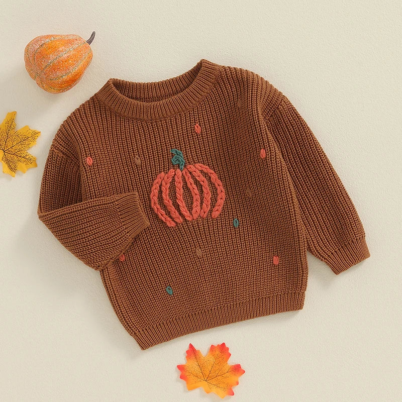 Lioraitiin Toddler Boy Girl Halloween Sweater Pumpkin Pattern Long Sleeve Round Neck Chunky Knitwear Pullover