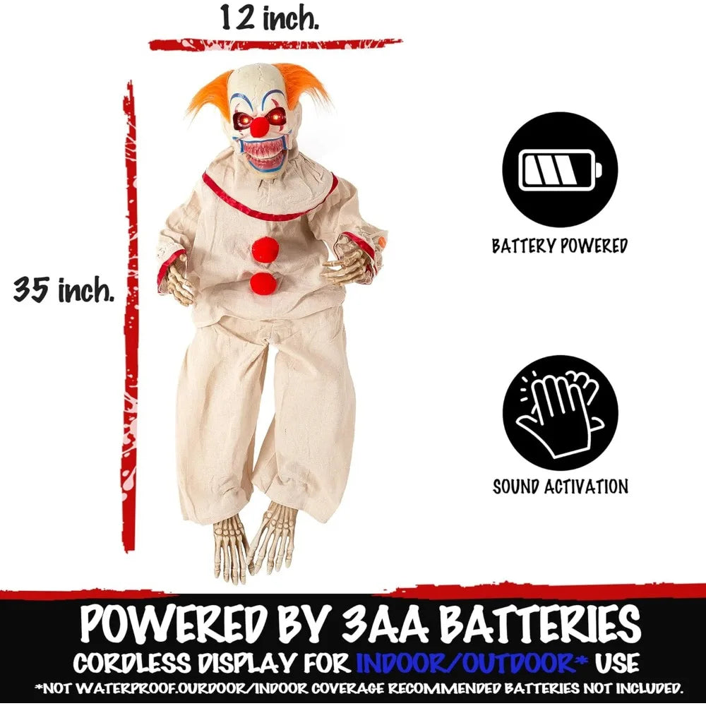 Electronic Sitting Clown with Terrifying Sounds, Glowing Eyes, Animation Decoration, Halloween