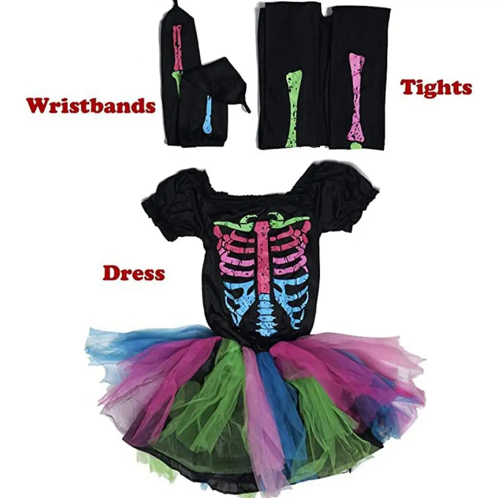 Halloween Rainbow Skeleton Girl Dress Colorful Skull Boy Costume Toddler Funky Punky Bone Cosplay Outfit Carnival Fancy Clothing