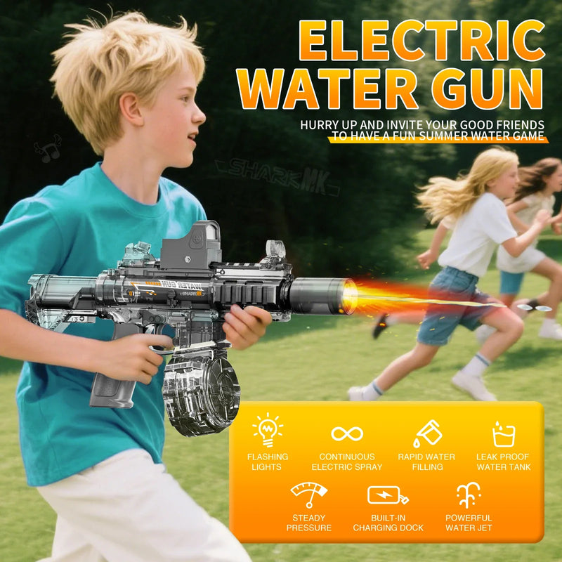 Child holding an electric water gun with promotional text and features displayed.