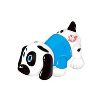 A colorful wind-up dog toy in white and black with a blue splotch, designed for children's play.