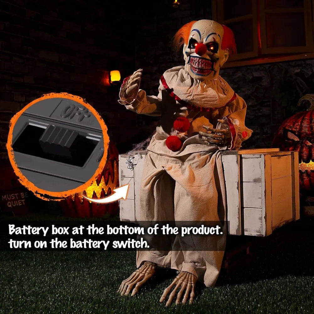 Electronic Sitting Clown with Terrifying Sounds, Glowing Eyes, Animation Decoration, Halloween