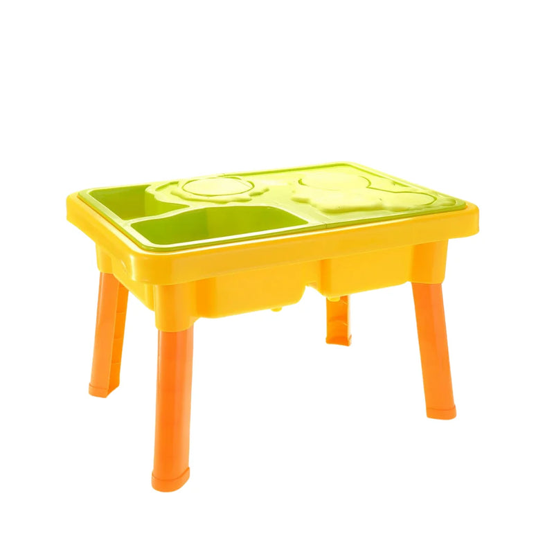 Multi play Table with yellow top and orange legs, designed for sand and water play.