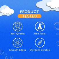 Product tested icons highlighting the best quality, non-toxic materials, smooth edges, and sturdy, durable construction of the remote control robot toy.