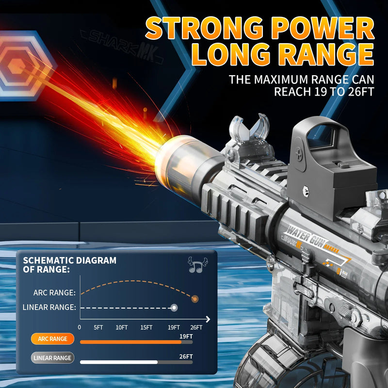Toy gun with a fiery exhaust and range diagram on a dark background