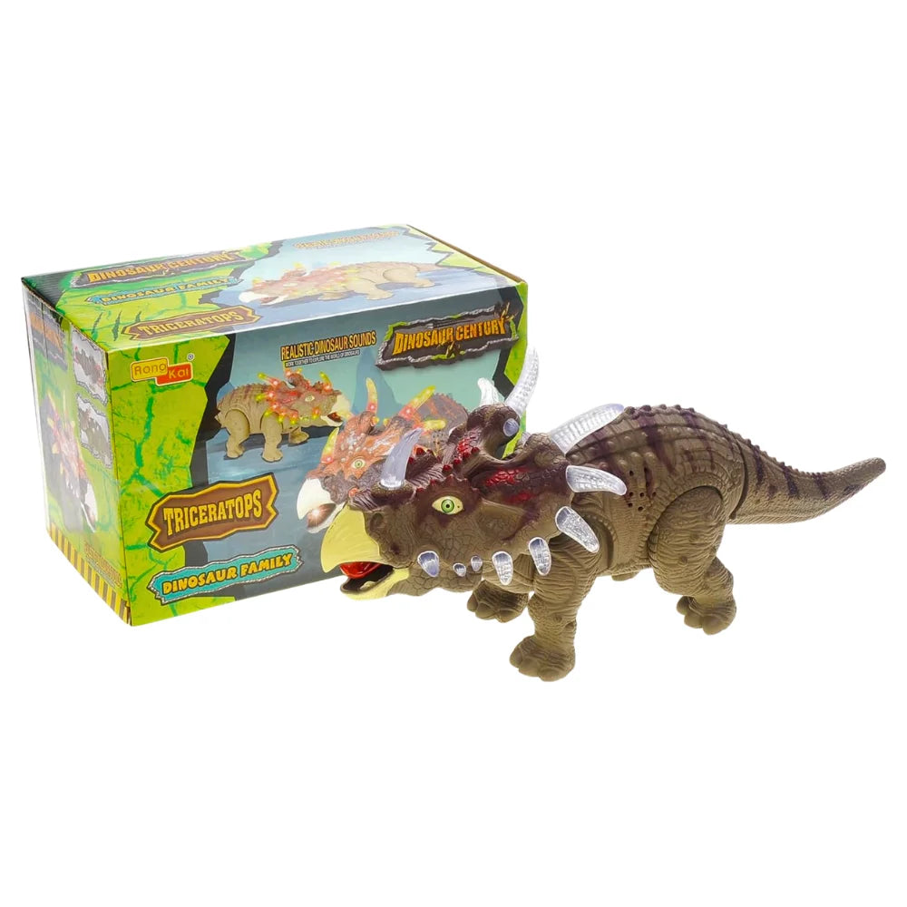 Triceratops dinosaur toy with packaging showing vibrant design and key features including lights and sound.