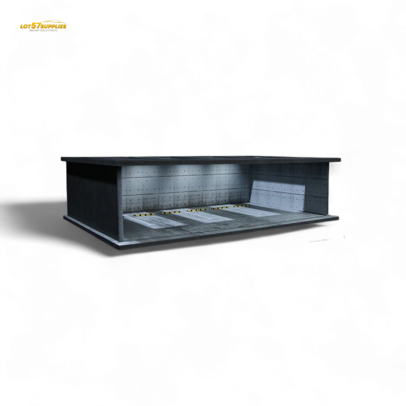 Black display counter with shelves on a white background