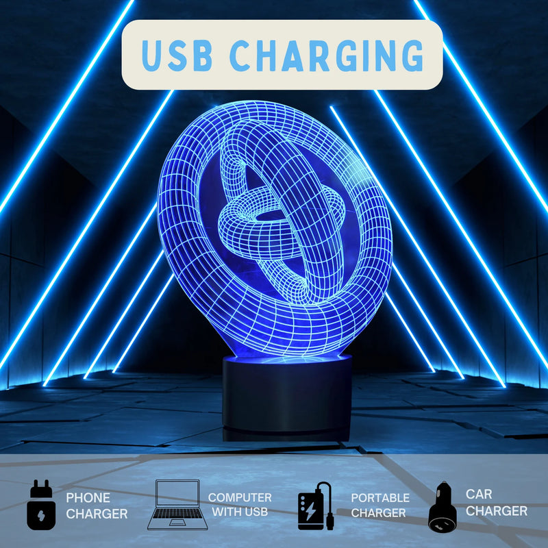 USB charging 3D LED night light with a blue wireframe knot design.