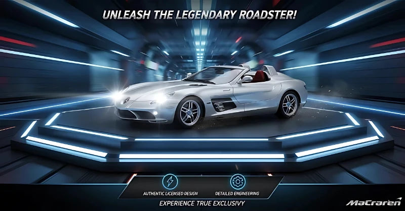 Silver sports car on a futuristic platform with promotional text and branding.