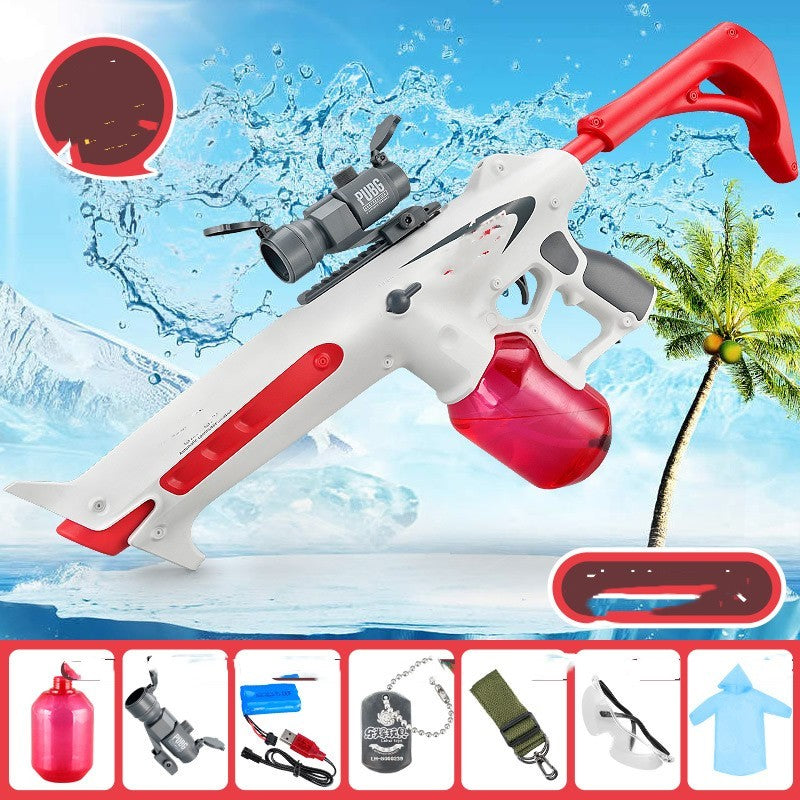 Water gun with accessories on a beach background