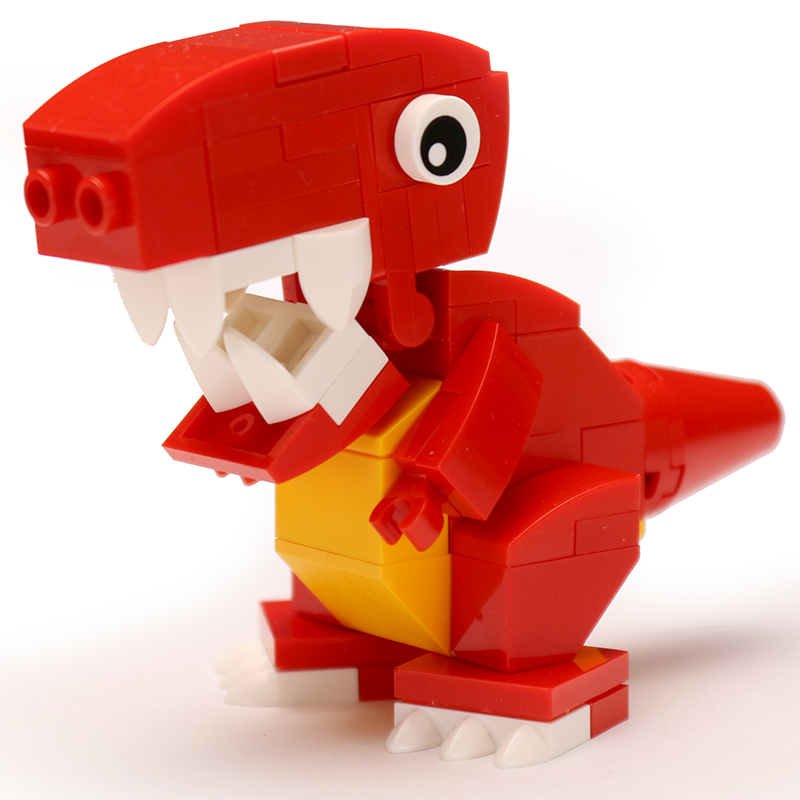 Red dinosaur-like toy figure made of interlocking bricks on a white background