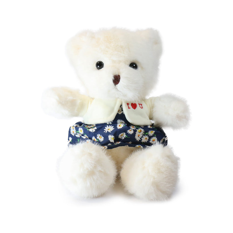 White teddy bear wearing a floral dress with 'I love you' text on a white background
