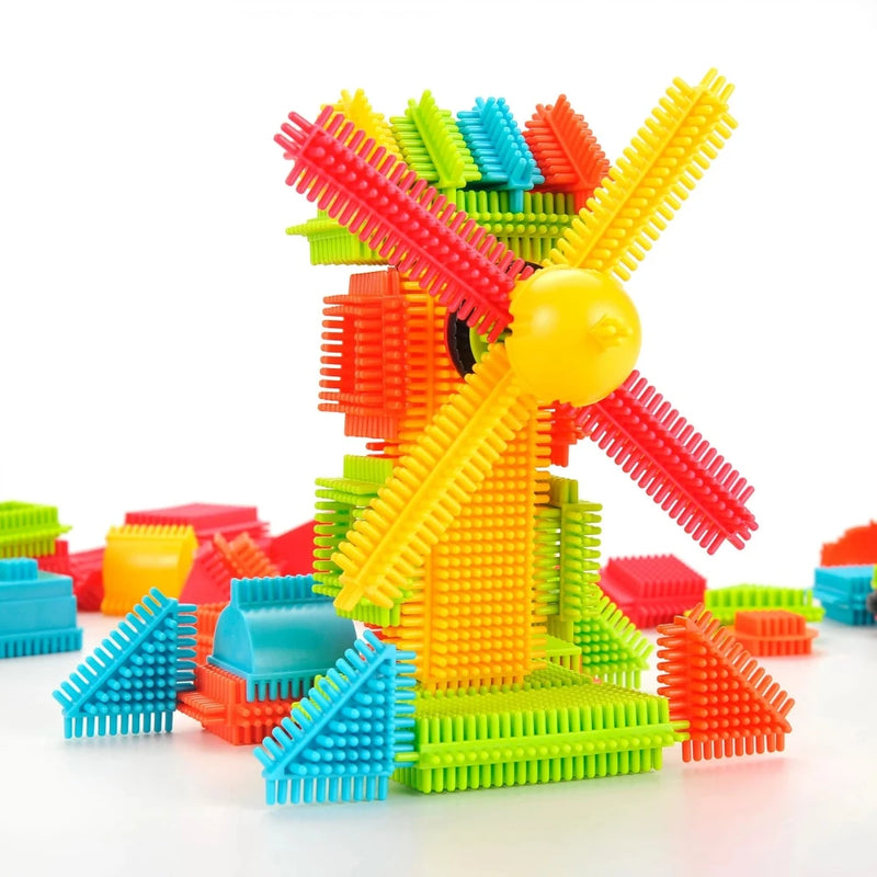 Windmill model constructed using colorful hedgehog bristle blocks, part of the bristle blocks b toys set