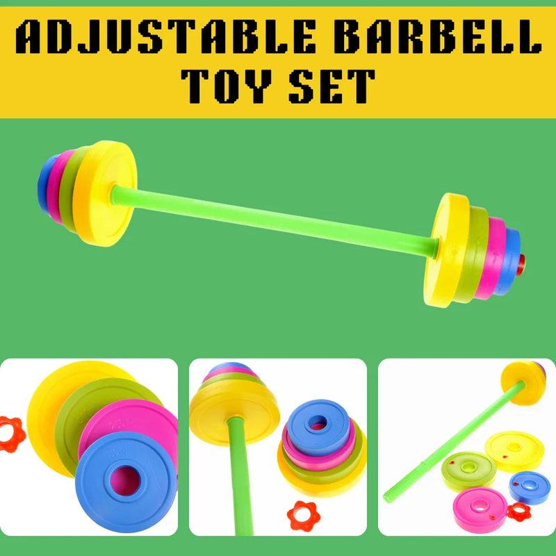 Adjustable barbell toy set with colorful weight plates and easy assembly