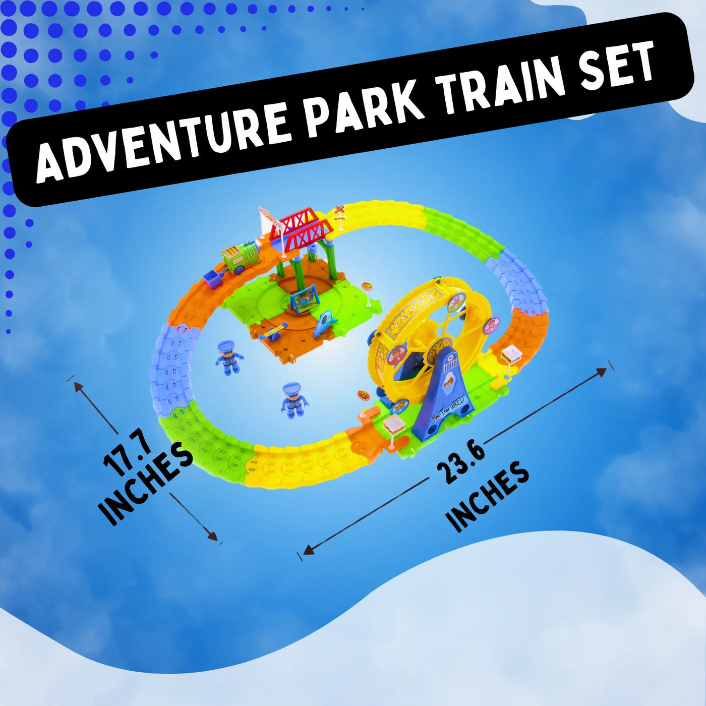 Adventure Park Train Set with dimensions of 17.7 inches by 23.6 inches, showcasing colorful tracks and fun components. Keywords: train set, christmas train set, toy train set.