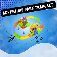 Adventure Park Train Set with dimensions of 17.7 inches by 23.6 inches, showcasing colorful tracks and fun components. Keywords: train set, christmas train set, toy train set.