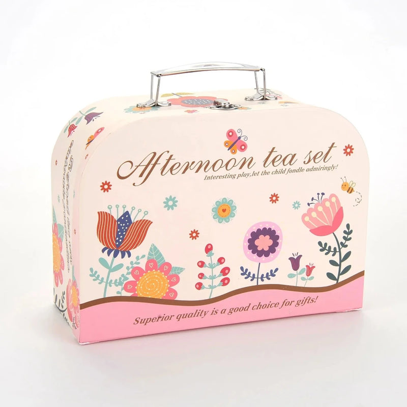Afternoon tea set in a floral case, perfect for girls' tea parties, kids' tea sets, and toddler tea time fun.