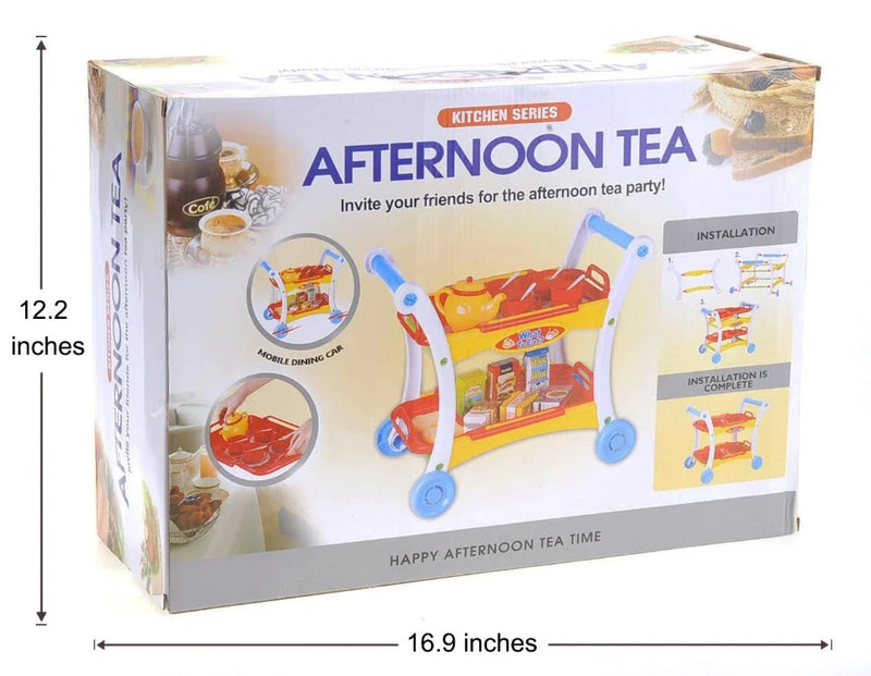 Afternoon Tea toy set box for kids with mobile dining cart and play accessories, measuring 12.2 inches by 16.9 inches.