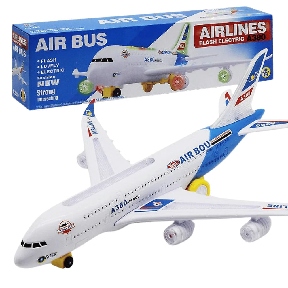  "Airbus toy plane displayed alongside its box, a perfect blue airplane toy for toddlers, offering hours of fun."