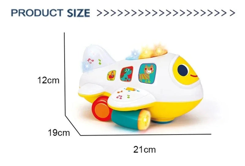 Dimensions of the kids' airplane toy, featuring interactive sounds and lights