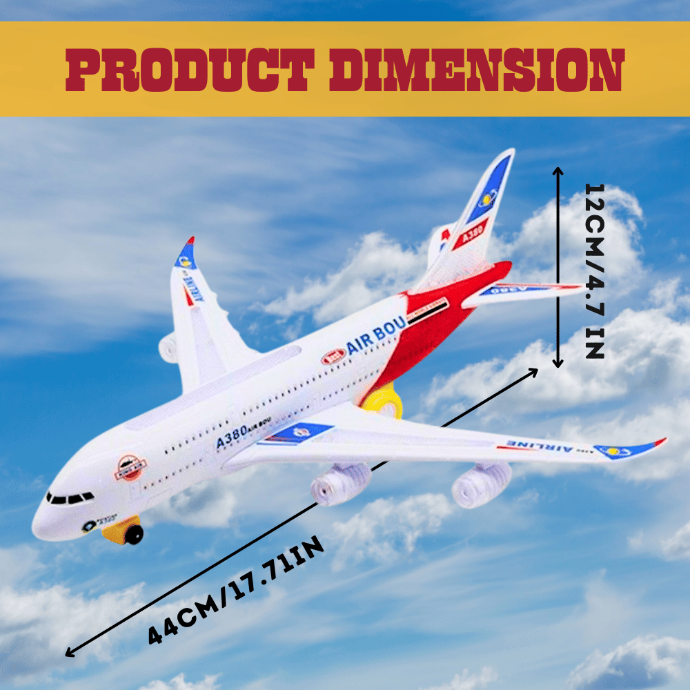 "Size dimensions of an airbus toy plane, showing its length and height, perfect for toddler airplane toys enthusiasts."