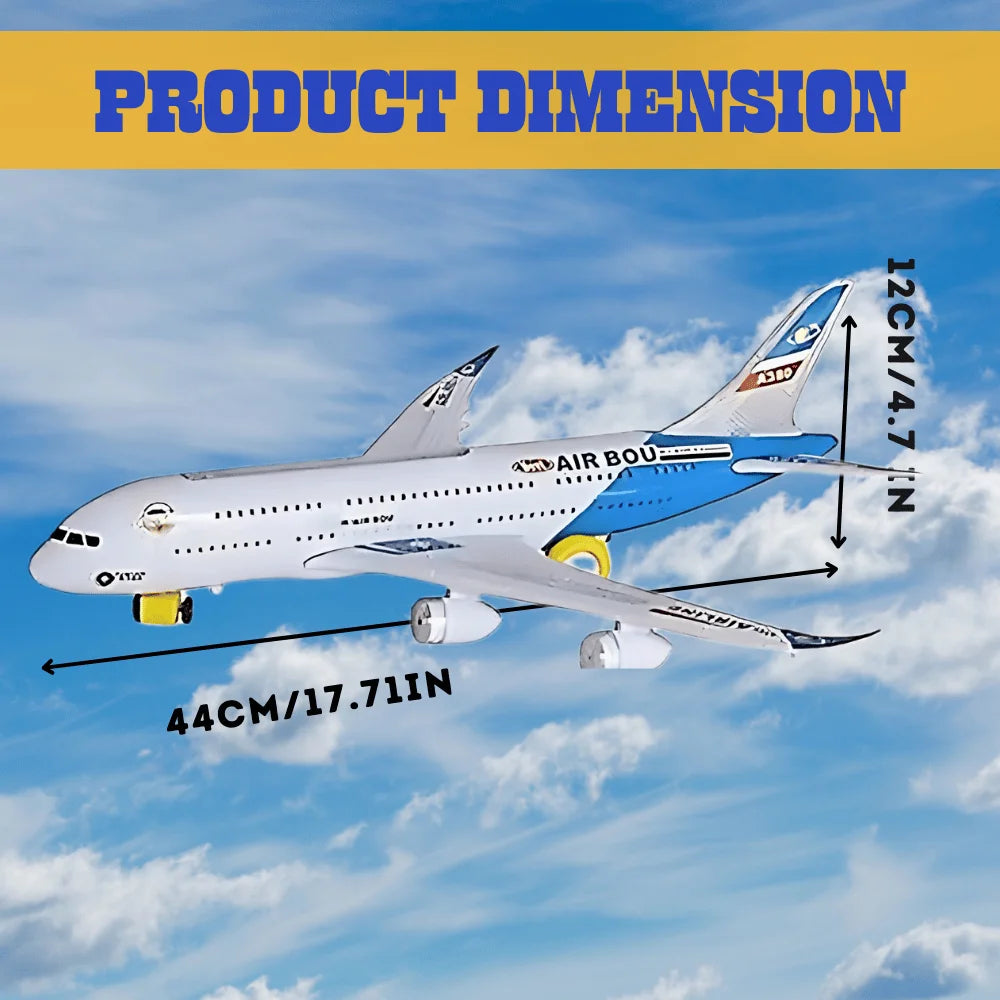 "Size dimensions of a blue airplane toy Airbus A380, showing length and height, suitable for toddler airplane toys."