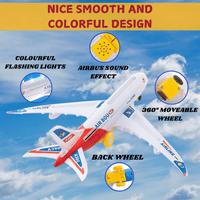 "Detailed feature highlights of an airbus toy plane, including flashing lights, sound effects, and 360-degree moveable wheels, perfect for toddler airplane toys."