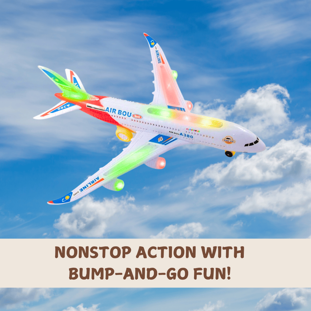 "Exciting airbus toy plane in flight with colorful flashing lights and a sky background, ideal for toddler airplane toys with nonstop action."