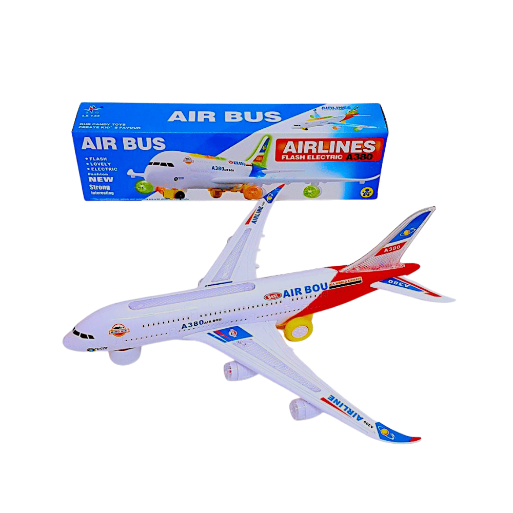 Colorful airbus toy plane displayed alongside its box, ideal for kids as a red airplane toy and a great gift option for toddler airplane toys