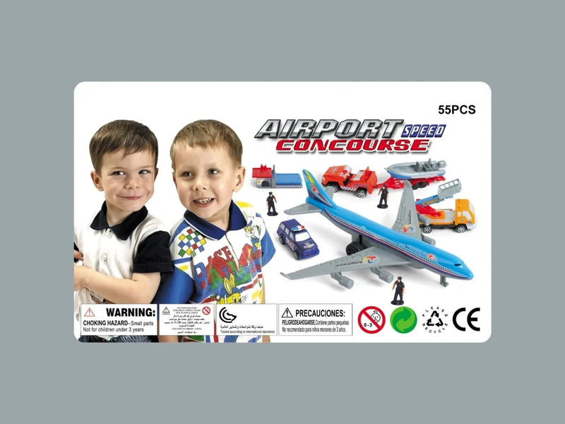 Label on the Airport Playset box showing toy contents, suitable for kids ages 3 and up.