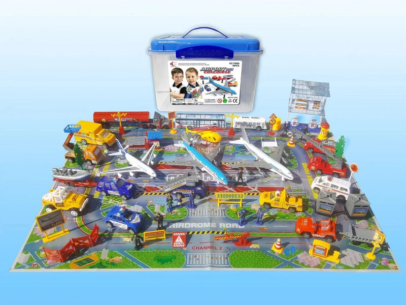 Complete Airport Playset with airplanes, vehicles, and accessories in a storage box - perfect for kids’ imaginative play