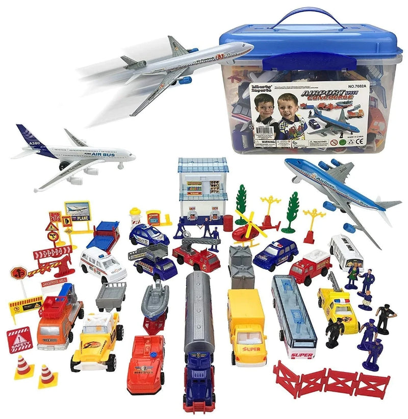 Complete toy collection of the Airport Playset with vehicles, airplanes, and airport staff figurines, ideal for kids' play