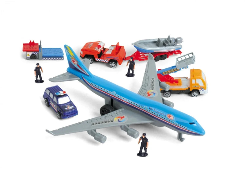 Police car, fire truck, and airplane in the Airport Playset, enhancing kids’ creative airport adventures