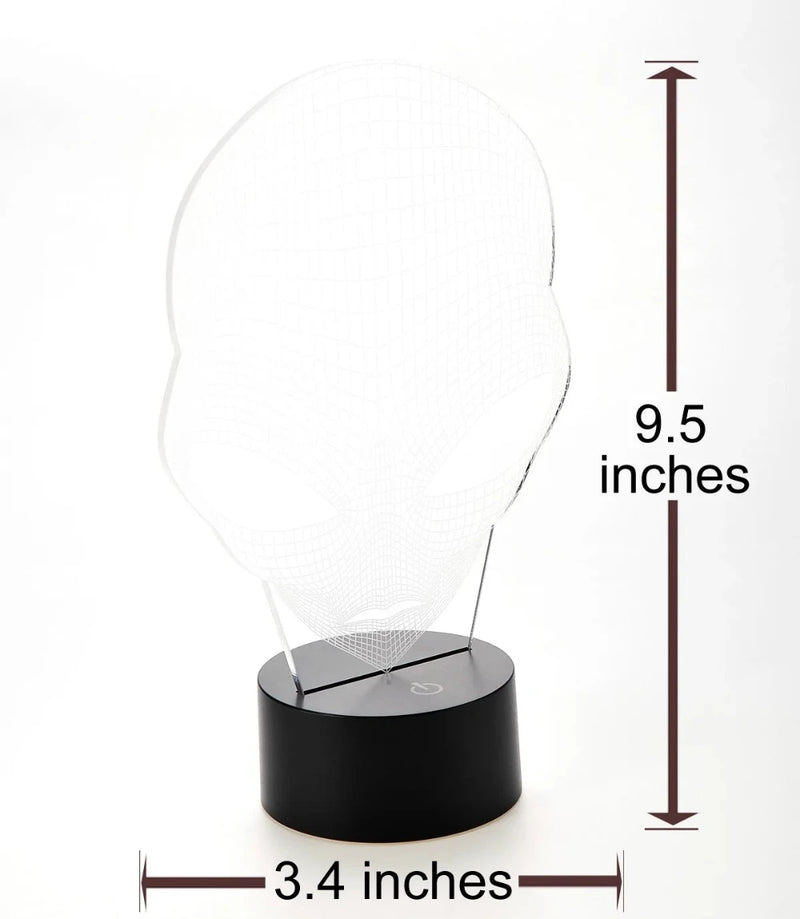 Alien head 3D LED lamp showing dimensions of 9.5 inches height and 3.4 inches base diameter, sleek sci-fi decor ite