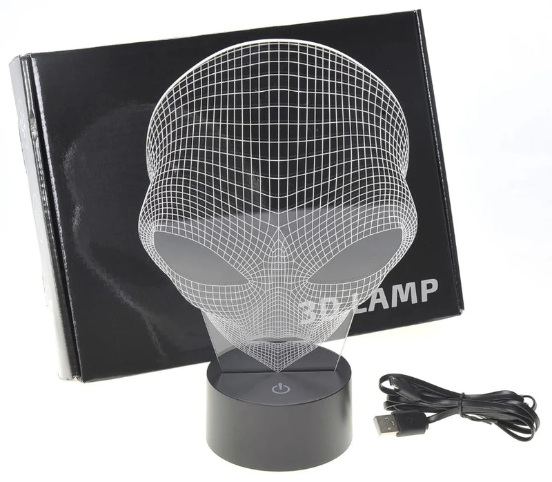 Alien head 3D LED lamp with packaging and USB cable, easy setup for futuristic lighting effect