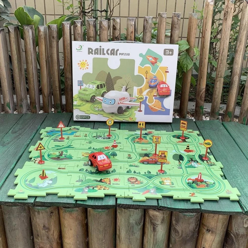 Animal road map puzzle playset with toy cars and road signs, featuring animals and vibrant green background