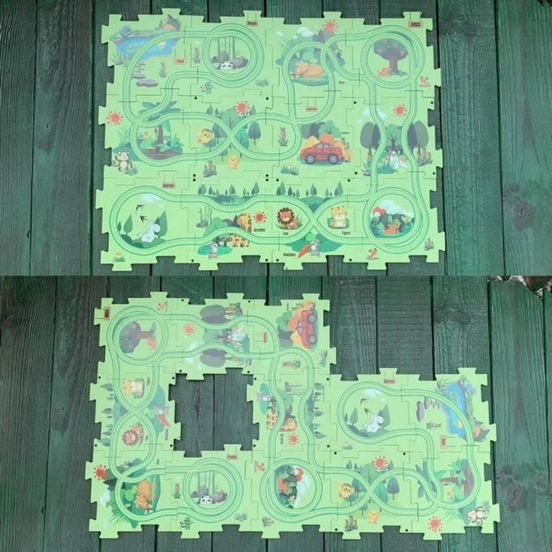 Animal-themed road map puzzle with colorful tracks and illustrated animals for children's playtime