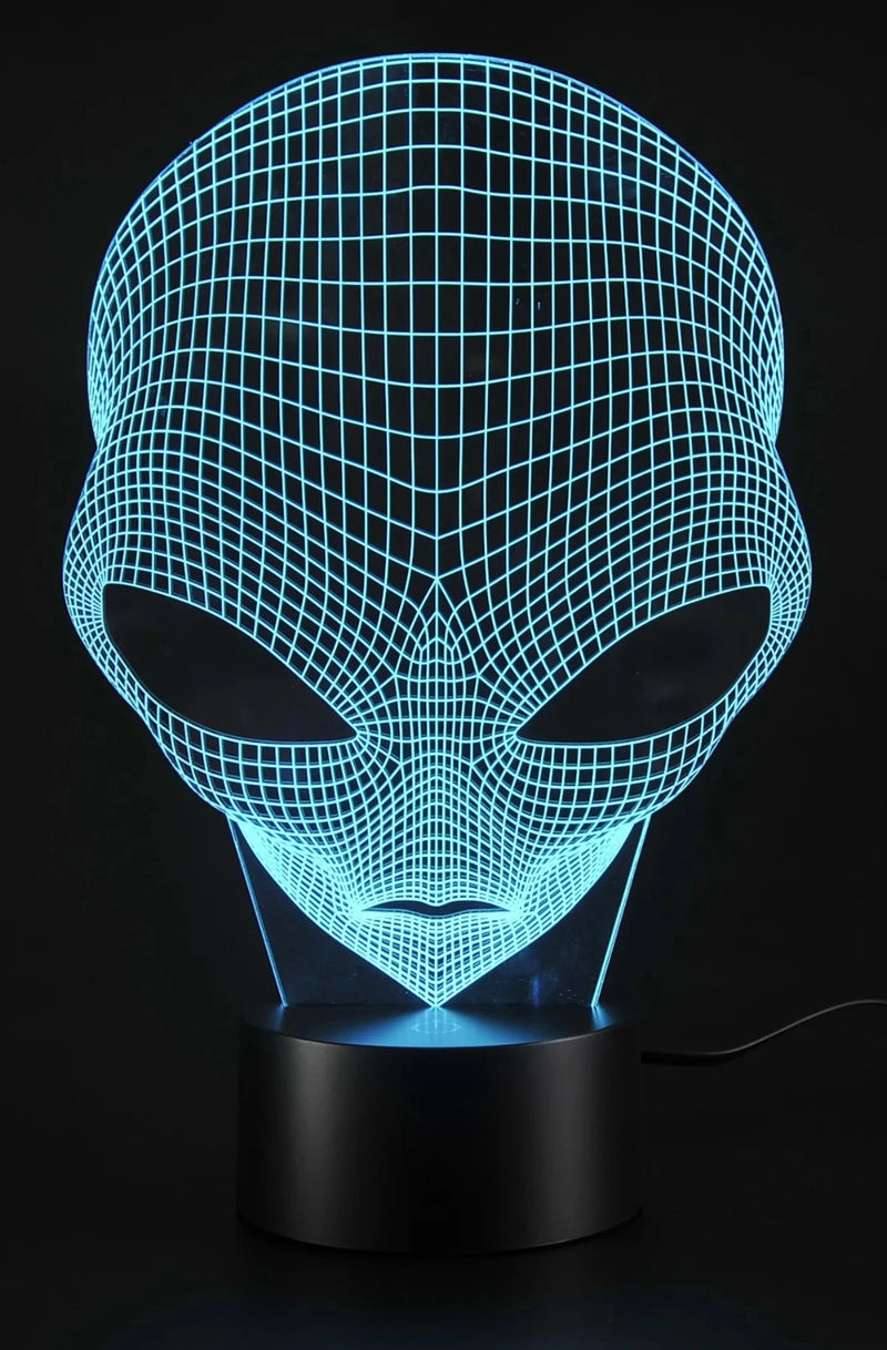 Aqua-colored alien head 3D LED lamp with a detailed grid, creates a unique sci-fi ambiance in any room