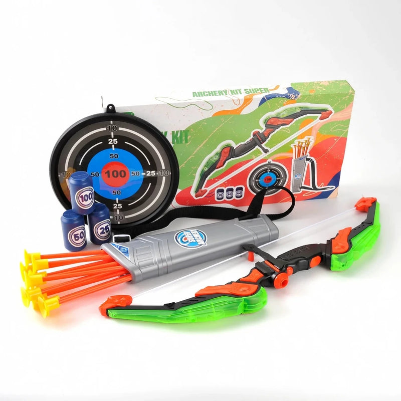 Kids' archery kit featuring bow, arrows, target, and shooting cans, perfect for target practice.